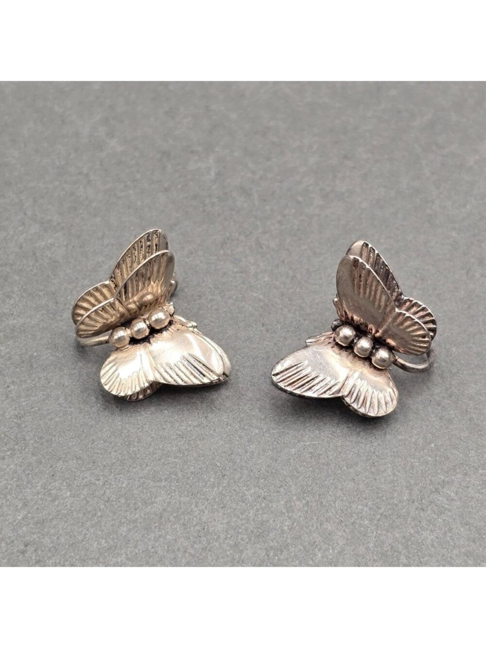 Vintage Sterling Silver Butterfly Earrings 3D Double Wing 1940s Screw Back